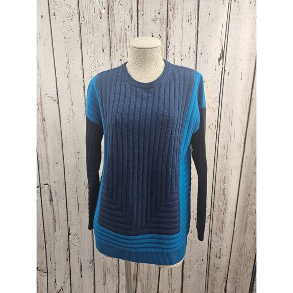 ALK Women's S Vince Blue Colorblock Intarsia Knit Tunic Wool Sweater Crewneck - Picture 1 of 5